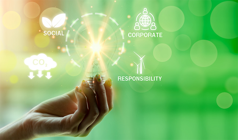 Glühbirne auf grünem Hintergrund und Symbolen zu CO2-Senkung, Sozialen und Unternehmerischen Aspekten und Verantwortung.
